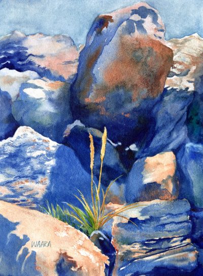 Grow Anywhere watercolor of rocks and lone grass blades