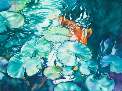 Coming Through Watercolor of Koi fixh under lily pads