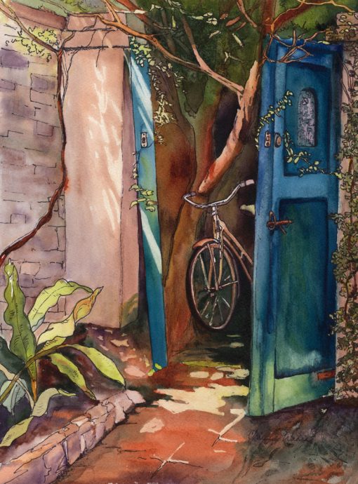 Be Right Back watercolor of bike in alley