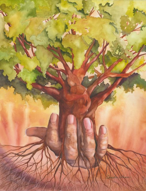Growing Awareness Original Watercolor of a hand holding a tree