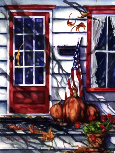 American Autumn Watercolor front porch with flag and pumpkins