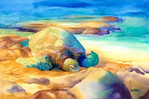 Watercolor painting of Hawaiian sea turtle on the beach at Ho'okipa