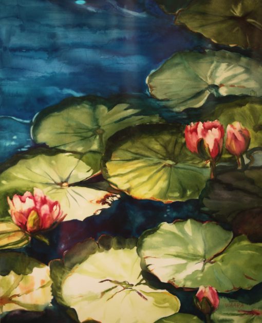 Watercolor painting of lily pads and lotus flowers