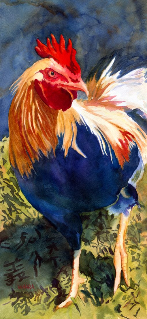 Watercolor painting of a colorful rooster with the Chinese symbol for peace