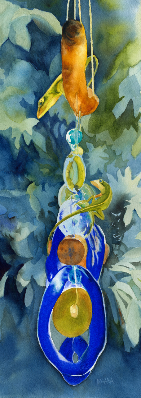 Fine art watercolor painting of geckos climbing on a blue glass mobile