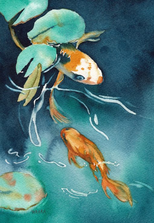 In the Flow original watercolor of koi fish swimming under a lily by artist Christine Waara