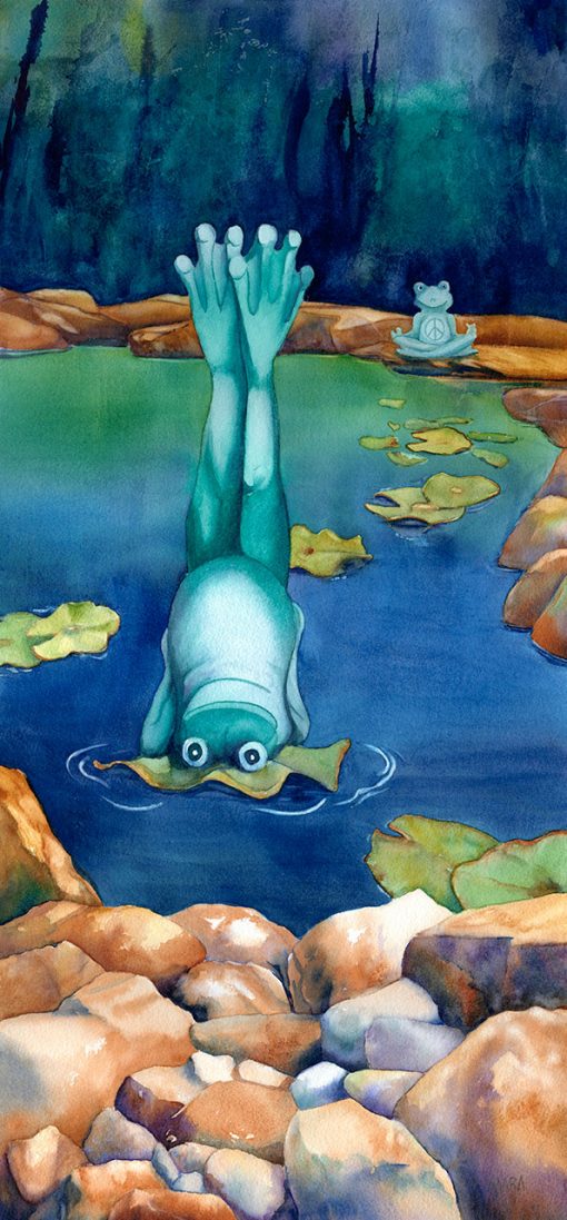 Love Across the Pond original watercolor painting of two frogs in a pond in yoga poses