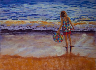 Watching the Waves Roll In original pastel painting by artist Christine Waara of girl on the beach in shorts holding a hat watching the waves