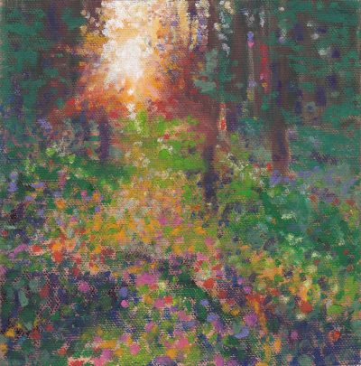 Original oil pastel of sun streaming through trees with flowers in the foreground by Maui artist Christine Waara