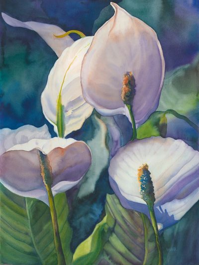 Original watercolor "Shade Lovers" of white anthurium by Maui artist Christine Waara