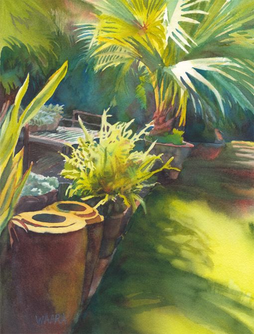 Haiku Mill Planters Bathed in LIght original watercolor painting by Maui artist Christine Waara