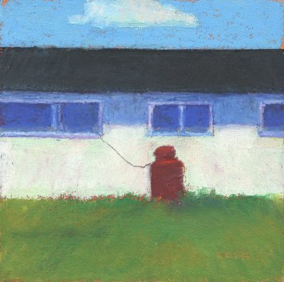 Original oil pastel painting of the side of a building with a lone cloud above it