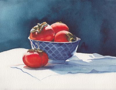 Original watercolor painting of persimmons in a blue bowl by Maui artist Christine Waara