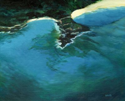 Original oil painting of an aerial view of a great snorkeling spot in Makena by Maui artist Christine Waara