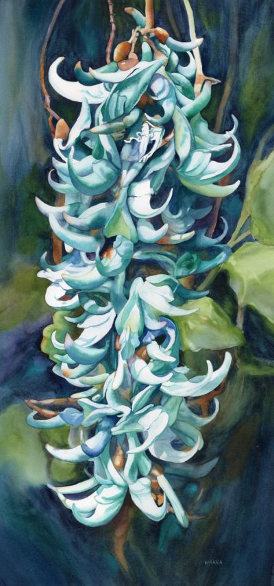 "Jade in Bloom" original watercolor painting by Maui artist Christine Waara