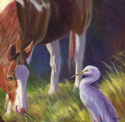 "Meeting at Eye Level" original oil painting of a horse and egret seeing eye to eye by Maui artist Christine Waara