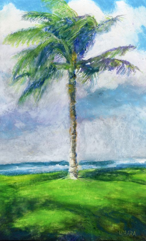 "Single and Proud" original oil pastel painting of a lone palm tree by Maui artist Christine Waara