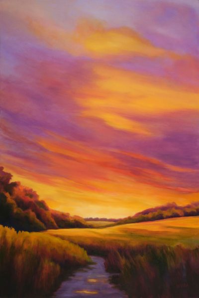 Original oil painting of a Maui sunset on an old cane field road by Maui artist Christine Waara