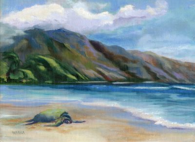 "Beach Comber" 12" x 9" original plein air oil painting on canvas board of a turtle on a sandy beach by Maui artist Christine Waara
