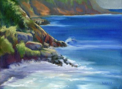 "Jaws" 12" x 9" original plein air oil painting on canvas board of a seascape with Jaws surf break off in the distance by Maui artist Christine Waara