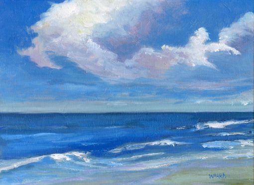 "Rain in the Distance" 12" x 9" original plein air oil painting on canvas board of clouds over a seascape by Maui artist Christine Waara