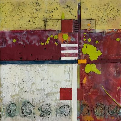 Original encaustic and mixed-media abstract artwork titled "The Crossroads" by Maui artist Christine Waara