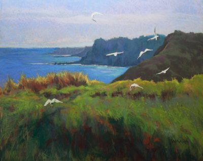 original pastel painting of seabirds flying over Maui cliffs called "Lucky Seven" by Maui Artist Christine Waara