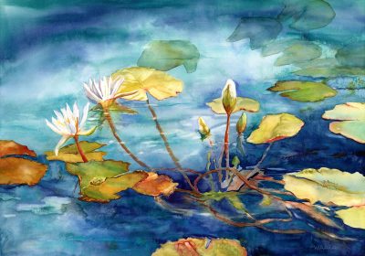 "Bathed in Blues" original watercolor painting of lotus flowers floating in a pool of blue water by Maui artist Christine Waara