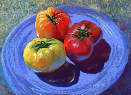 Original pastel painting of heirloom tomatoes on a blue plate by Maui artist Christine Waara