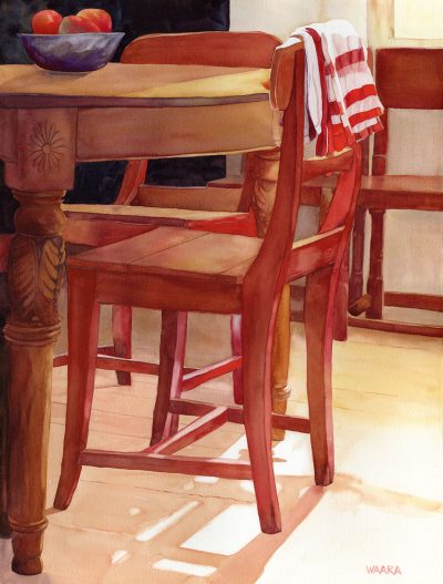 Original watercolor painting of a table and chair with a napkin hanging on it titled "After Dinner" by Maui artist Christine Waara