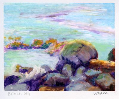 Original oil pastel painting of a rocky beach titled "Beach Day" by Maui artist Christine Waara