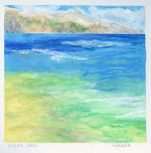 Original oil pastel painting of the West Maui mountains as seen across the ocean titled "Clear Day" by Maui artist Christine Waara