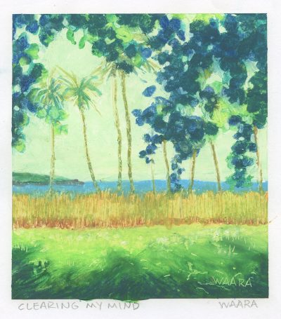 Original oil pastel painting of palms near the ocean looking from under a tree titled "Clearing My Mind" by Maui artist Christine Waara