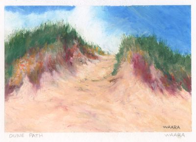 Original oil pastel painting of an ocean dune titled "Dune Path" by Maui artist Christine Waara