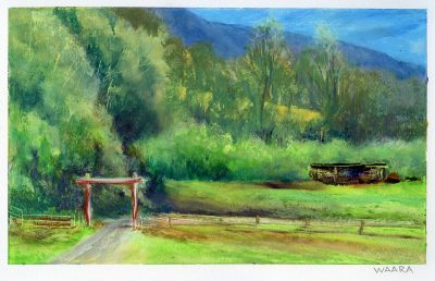 Original oil pastel painting of an upcountry ranch titled "Grand Opening" by Maui artist Christine Waara