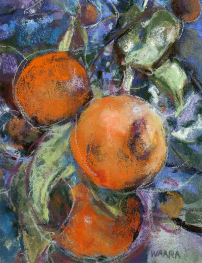 Original pastel painting of oranges hanging in a tree titled "Juicy" by Maui artist Christine Waara