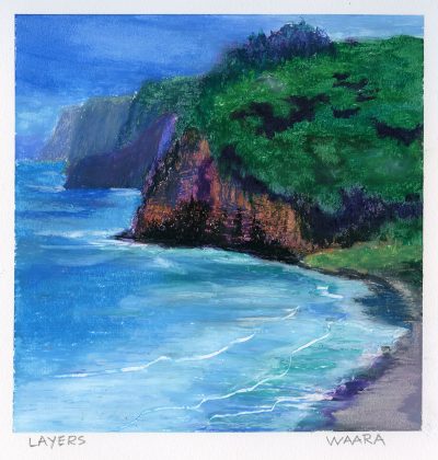 Original oil pastel painting of cliffs on Maui titled "Layers" by Maui artist Christine Waara