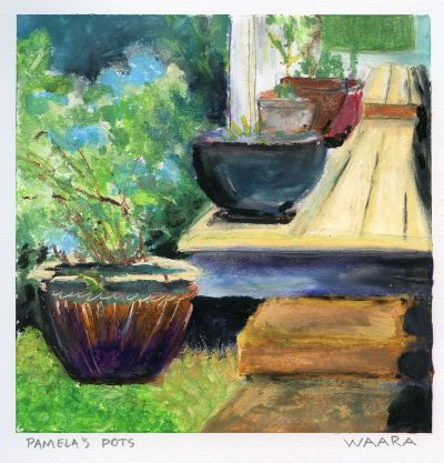 Original oil pastel painting of flower pots on a lanai titled "Pamela's Pots" by Maui artist Christine Waara