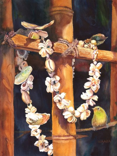 Original watercolor painting of a shell lei hanging over a bamboo fence with a mejiro bird looking on entitled "Remembrance" by Maui artist Christine Waara