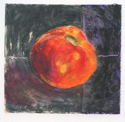 Original oil pastel painting of a tomato titled "Spinng Tomato" by Maui artist Christine Waara