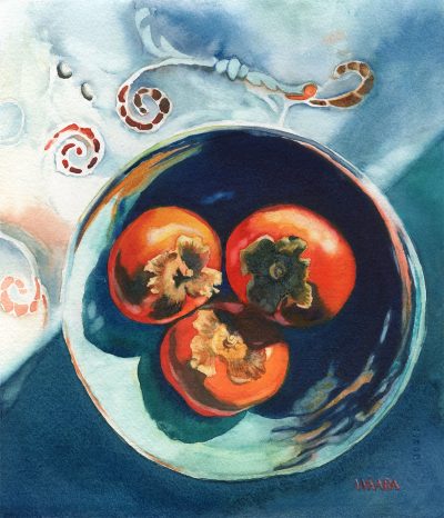Original watercolor painting of three persimmons in a blue bowl on a lace table cloth titled "Three Persimmons in a Blue Bowl" by Maui artist Christine Waara