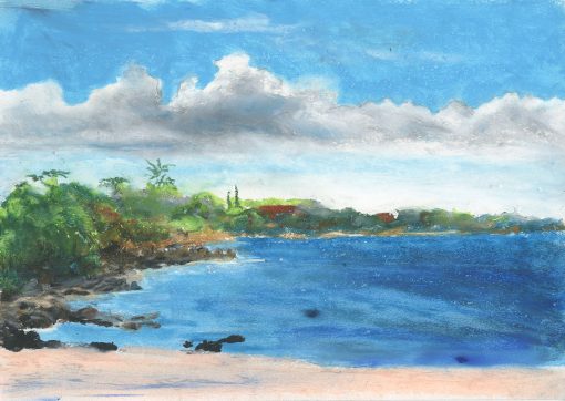 Original oil pastel painting of a West Maui beach titled "West Maui Shoreline" by Maui artist Christine Waara