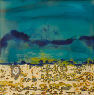 Original encaustic abstract painting titled "Beach Finds" by Maui artist Christine Waara