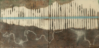 Original encaustic abstract painting titled "Blue Line Special" by Maui artist Christine Waara